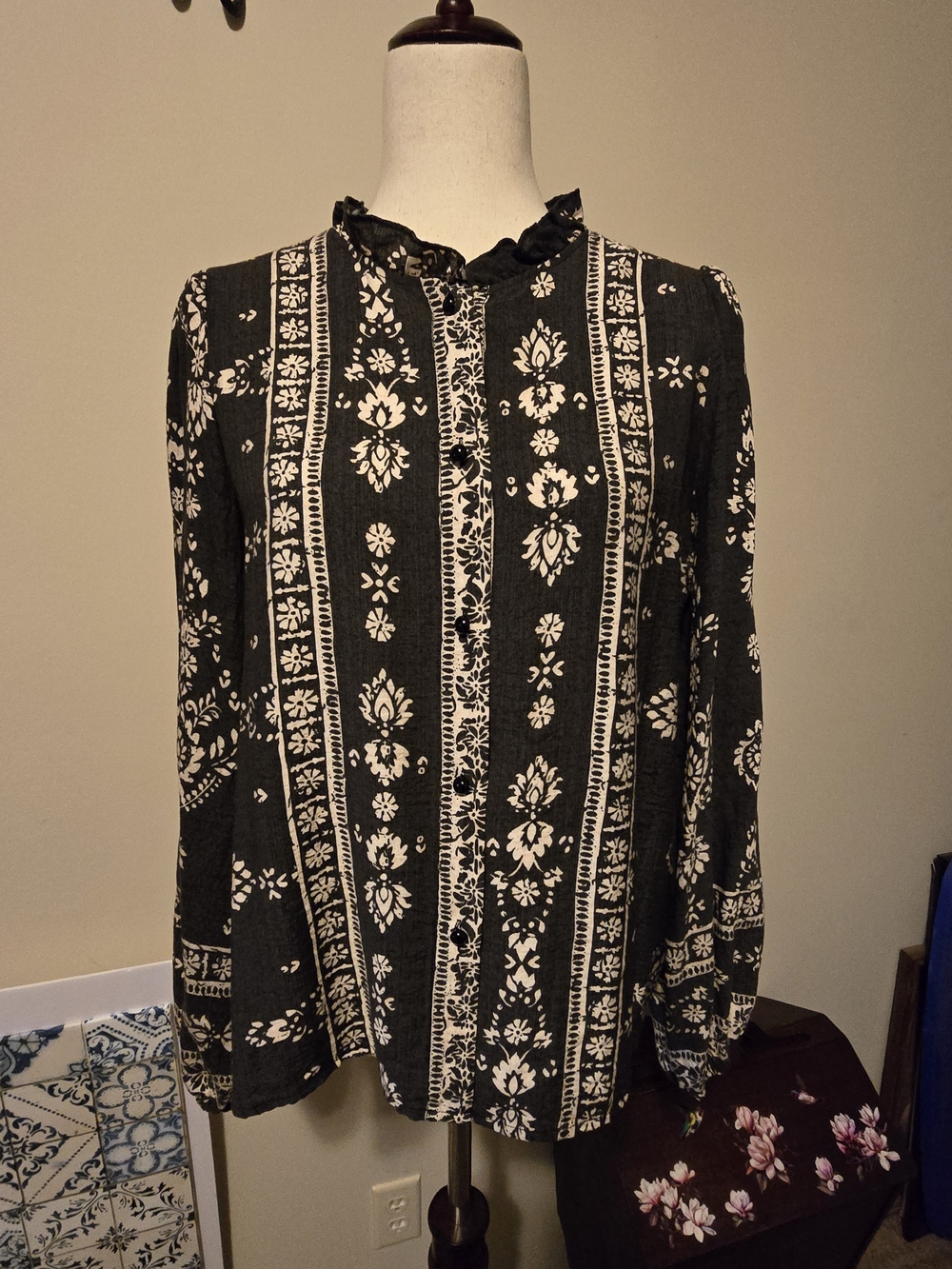 Charcoal  and White Floral-Stripe Ruffle Neck Button-Down Shirt